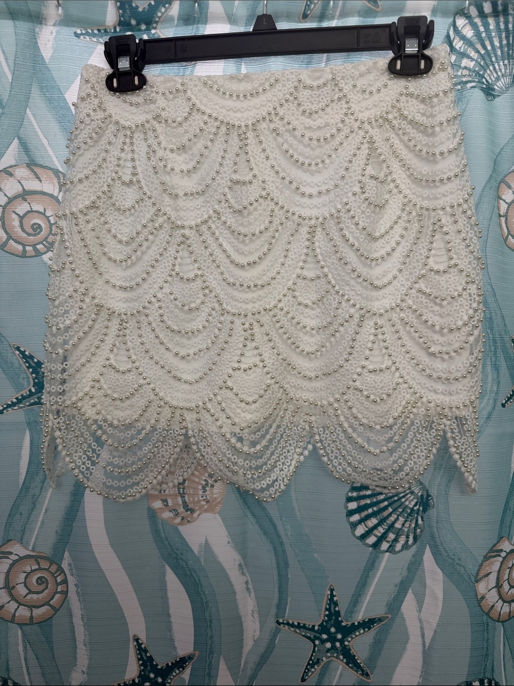 Pearl-Embellished Cream Mini Skirt